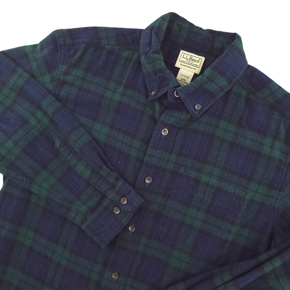 L.L. Bean Flannel‎ Shirt Mens M Black Watch Plaid Long Sleeve Button Down Casual